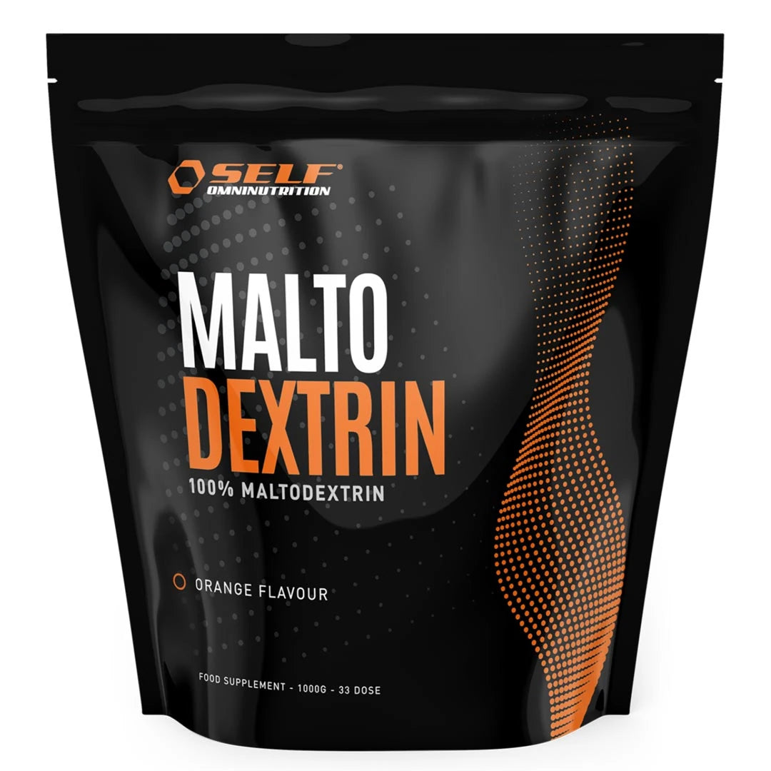 Self Omninutrition Maltodextrin 1 kg kolhydratspulver i en svart påse med orangea detaljer., bild 1 av 1