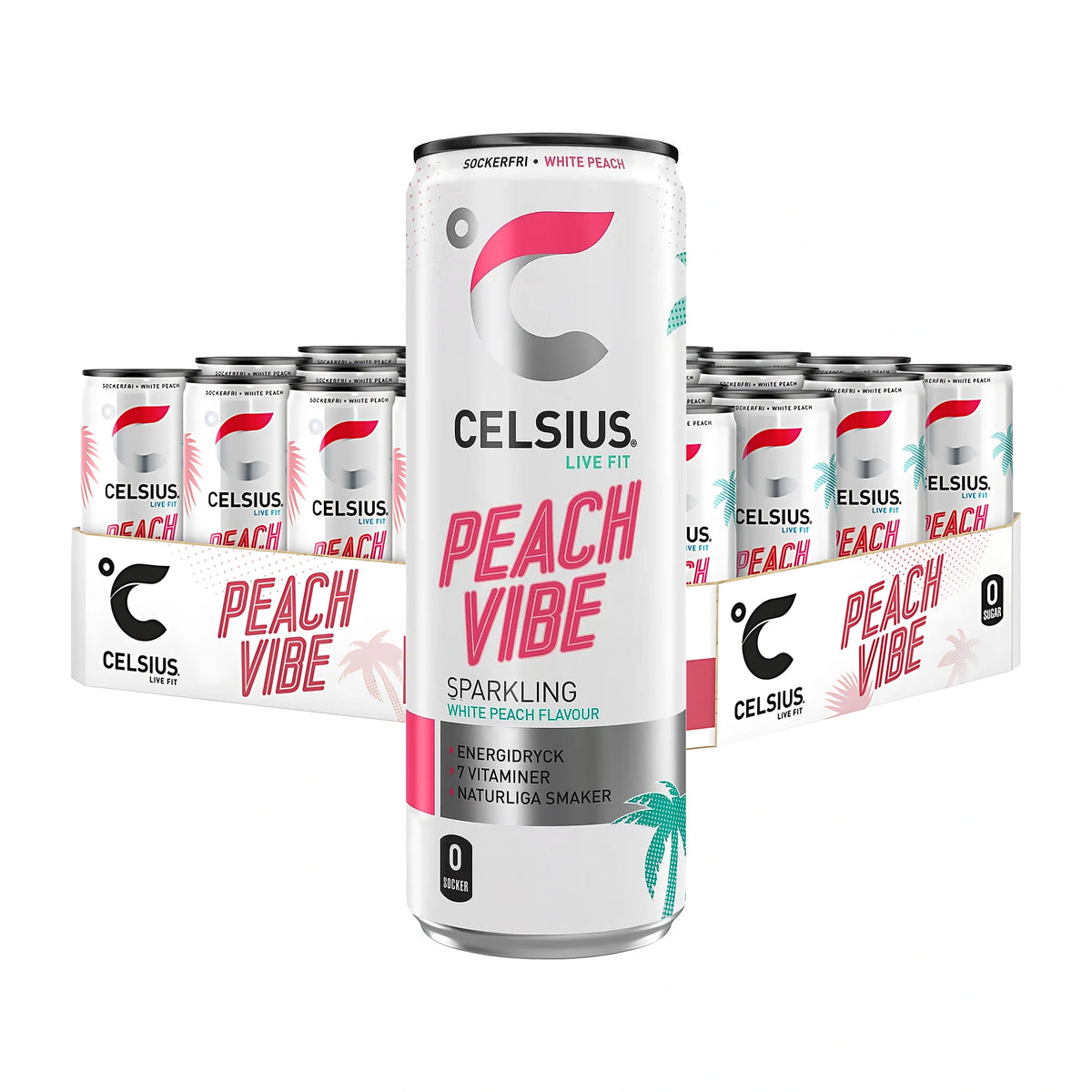 24 x Celsius 355 ml Peach Vibe energidryck i vita burkar med rosa och turkosa palmer på ett matchande flak.