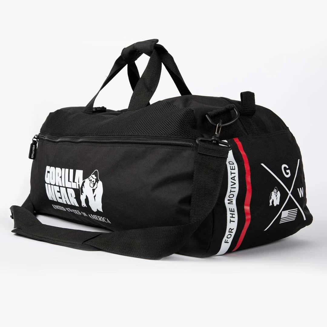 Gorilla Wear Norris Hybrid Gym Bag/Backpack Black, en rymlig svart träningsväska i polyester med vita och röda detaljer., bild 1 av 1