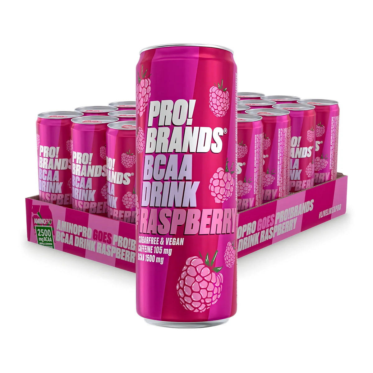 24 x Pro Brands BCAA Drink 330 ml Raspberry i ett lilarosa flak med matchande burkar för en uppfriskande hallonsmak.