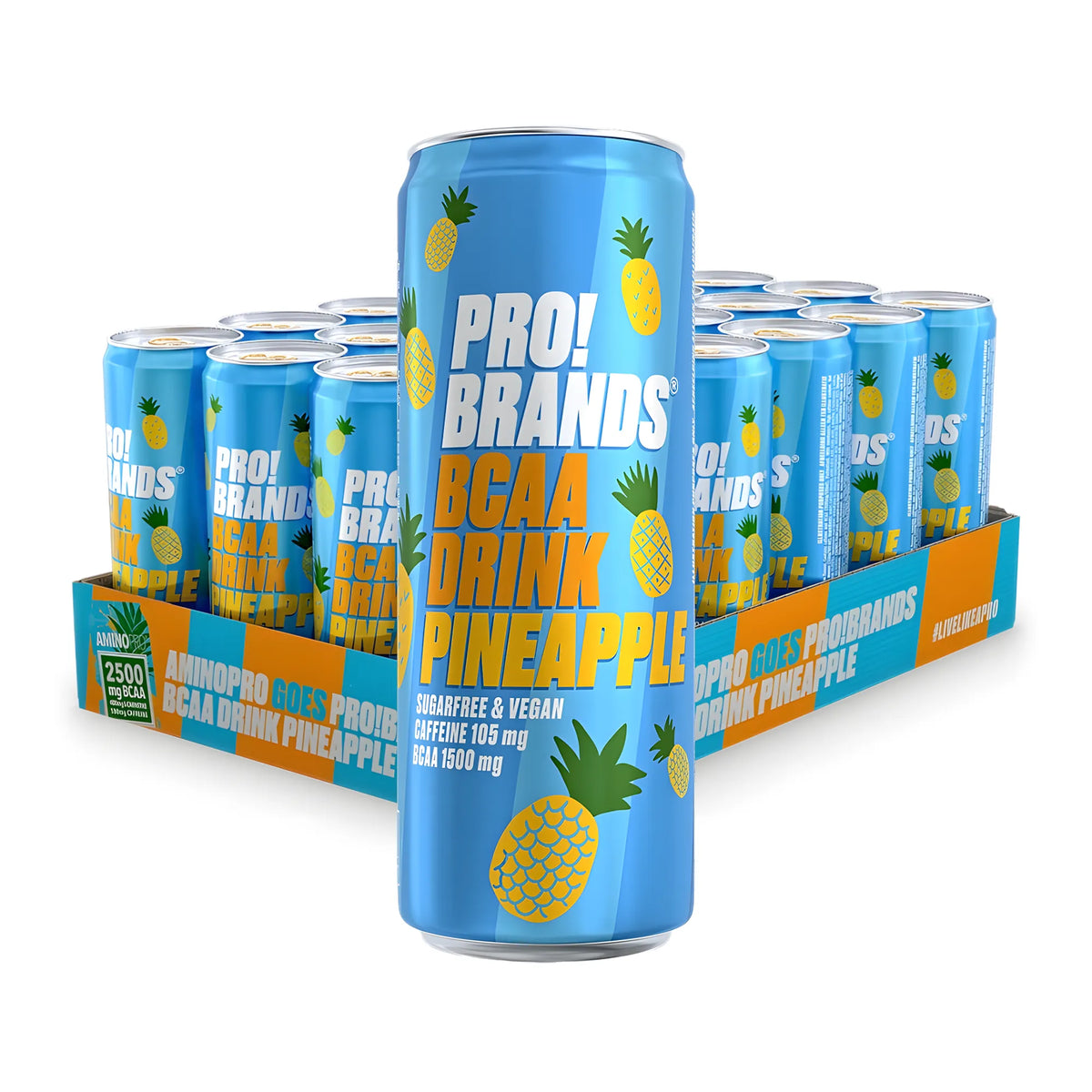 24 x Pro Brands BCAA Drink 330 ml Pineapple i ett orange och turkost flak med ljusblå burkar med ananasmotiv., bild 1 av 1