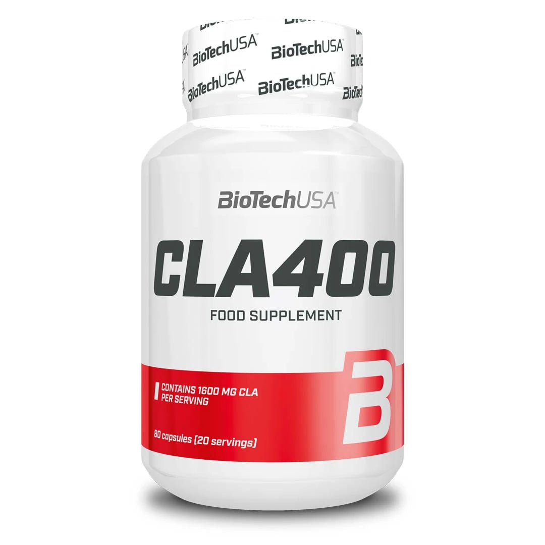 BioTechUSA CLA 400 80 caps kosttillskott i en vit burk med röd detalj och svart text., bild 1 av 1