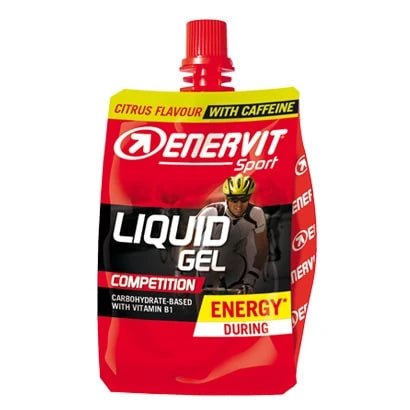 Enervit Liquid Gel Competition 60 ml energigel i en röd förpackning med gula detaljer och citrussmak., bild 1 av 1