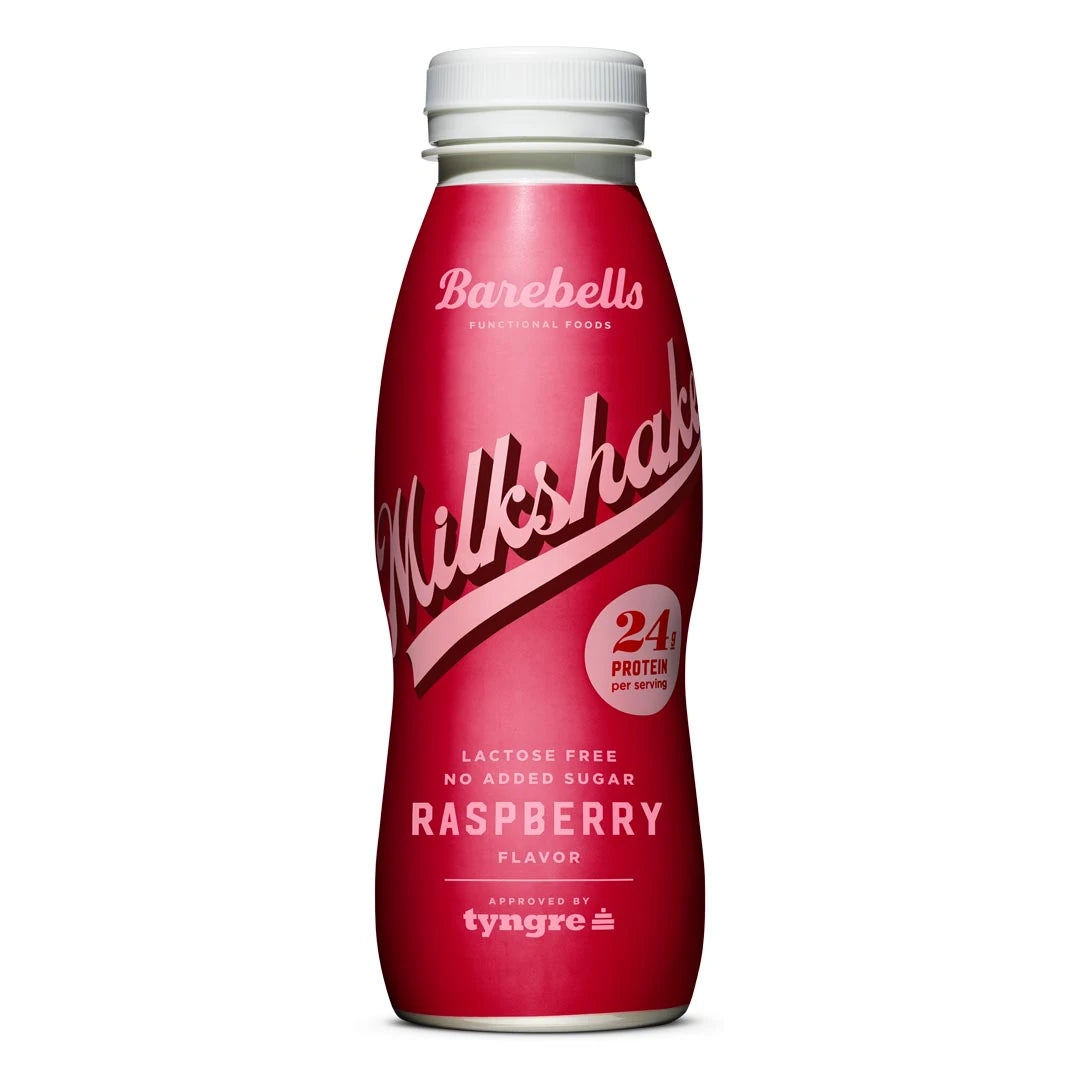 Barebells Milkshake 330 ml proteindryck i en mörkrosa flaska med vit kork för smaken Raspberry., bild 3 av 9