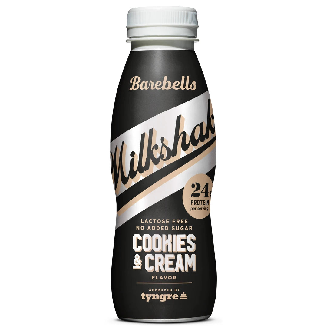Barebells Milkshake 330 ml proteindryck i en svart flaska med vita och beiga detaljer för smaken Cookies &amp; Cream., bild 4 av 9