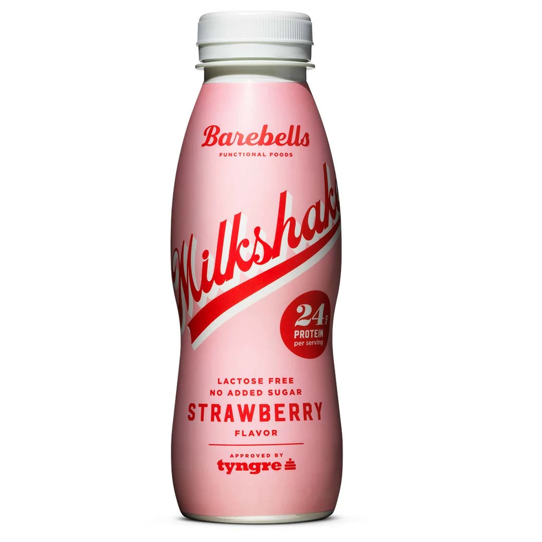Barebells Milkshake 330 ml proteindryck i en ljusrosa flaska med röd text för smaken Strawberry.