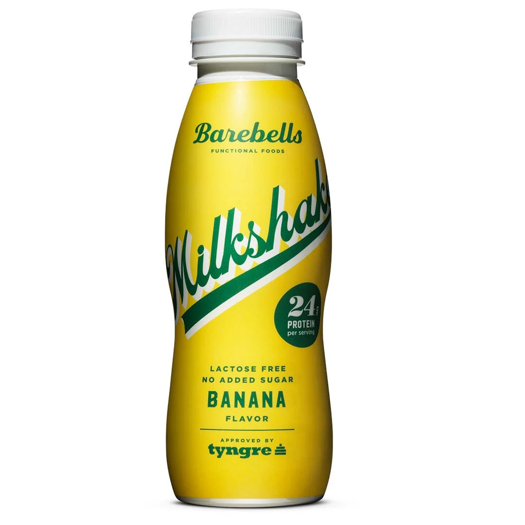 Barebells Milkshake 330 ml proteindryck i en gul flaska med gröna detaljer för smaken Banan., bild 6 av 9