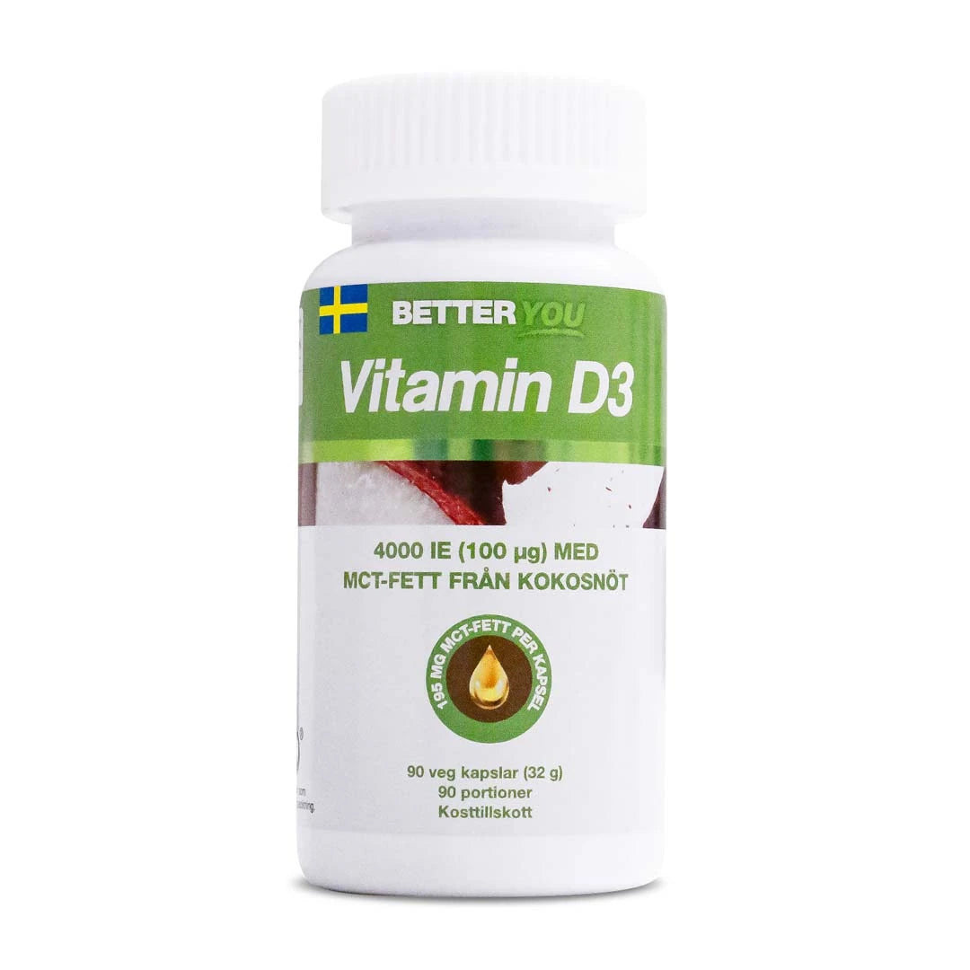 Vit burk med gröna detaljer som innehåller Better You Vitamin D3 4000 IE + MCT 90 caps kosttillskott., bild 1 av 1