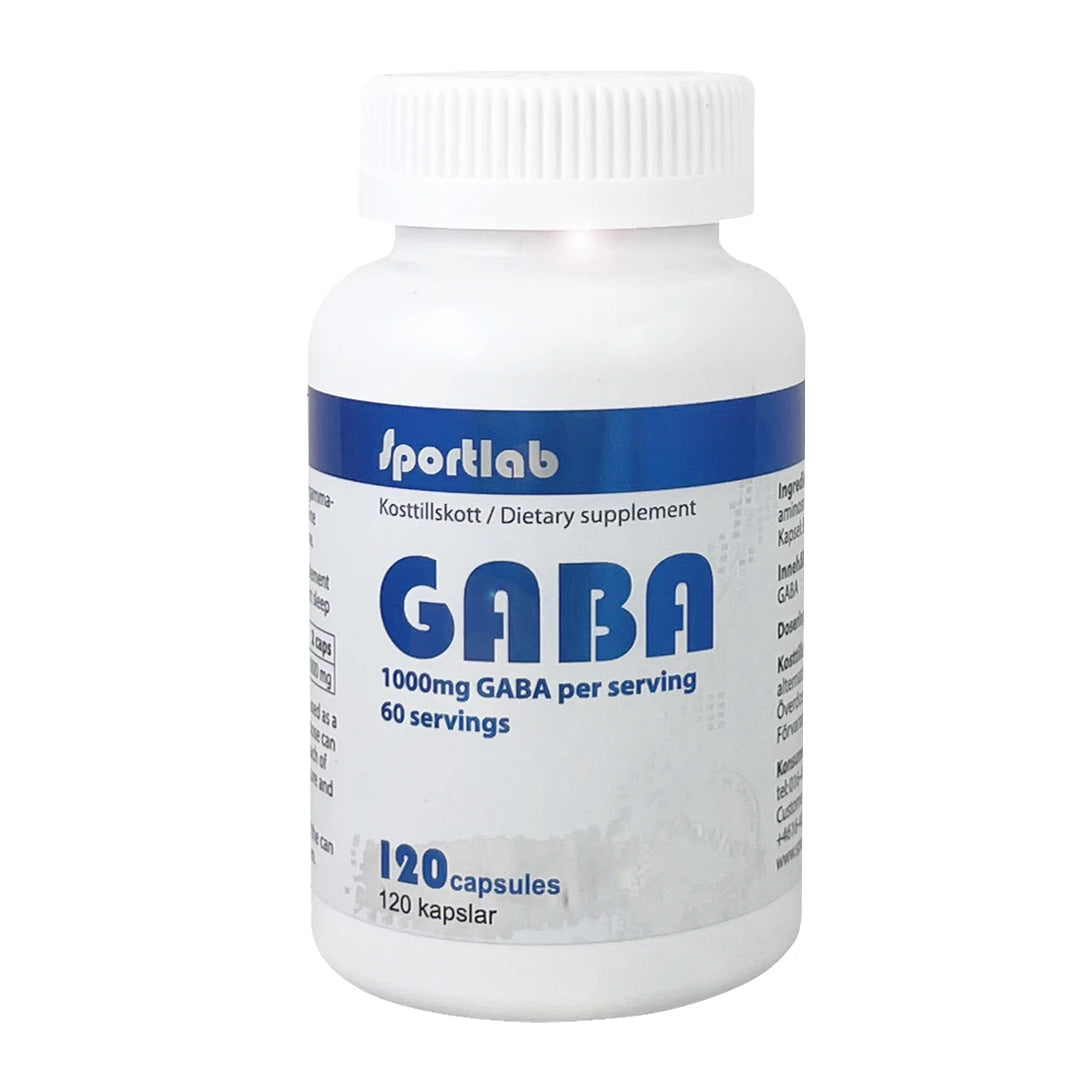 Sportlab GABA 120 caps kosttillskott i en vit burk med blå detaljer, innehållande 1000 mg per portion., bild 1 av 1