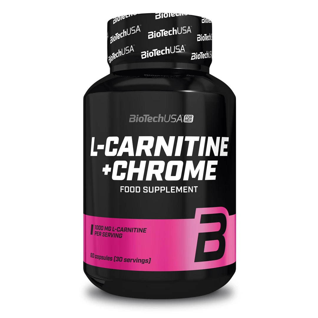 BioTechUSA L-carnitine + Chrome 60 caps fettförbrännare i en svart burk med rosa detaljer., bild 1 av 1