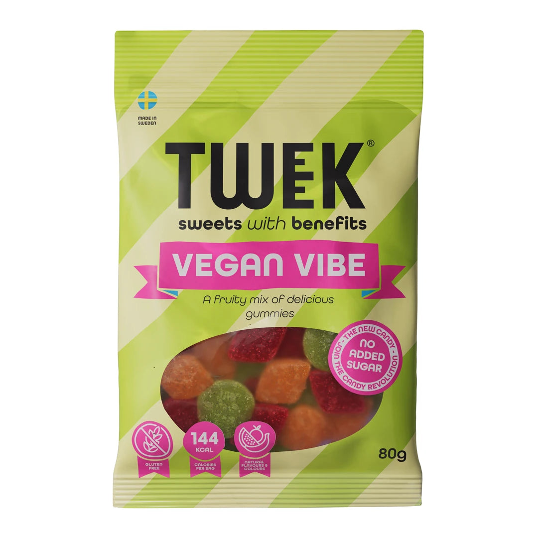 Tweek Sweets 80 g Vegan Vibe gelégodis i en ljusgrön påse med fönster som visar de färgglada bitarna., bild 1 av 1