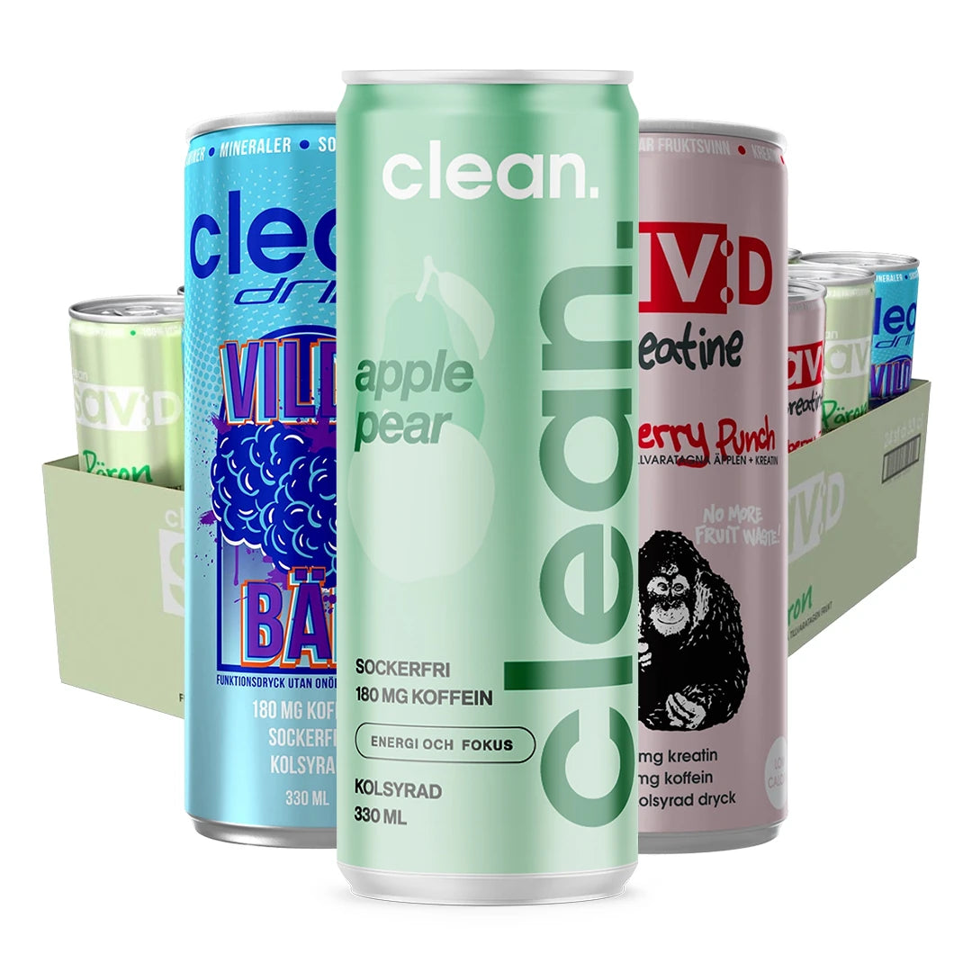 24 x Clean Drink &amp; Clean Sav:D/PLUS 330 ml Mixflak med olikfärgade burkar som apple pear och Vild Bär., bild 1 av 1