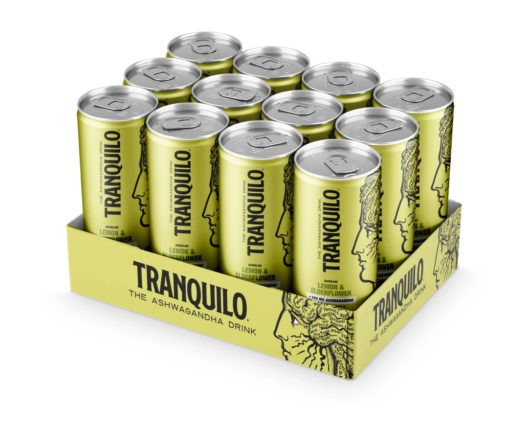 12 x Tranquilo 330 ml Citron/Fläder i ett gult flak med matchande gula burkar och ansiktsillustrationer., bild 1 av 1