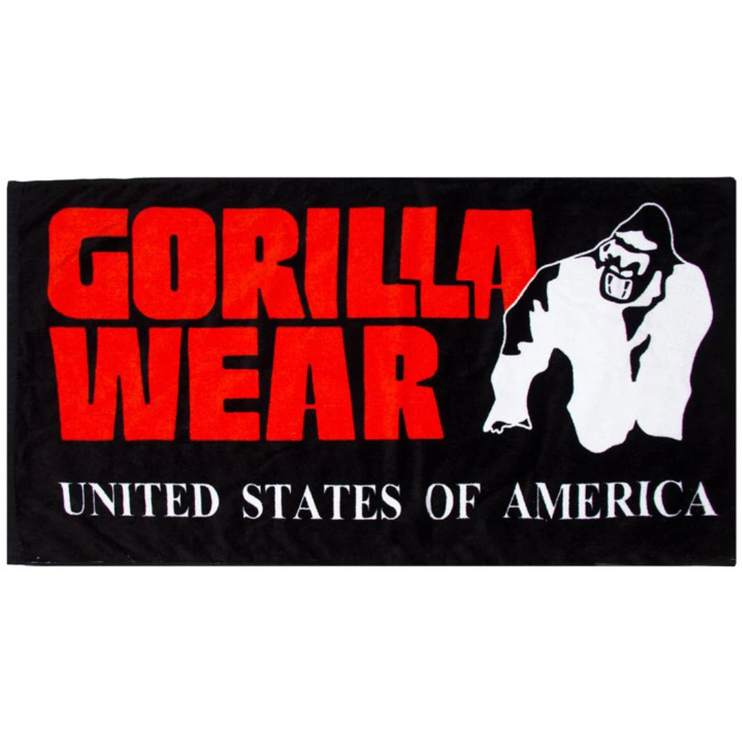 Gorilla Wear Classic Gym Towel Black &amp; Red, en svart gymhandduk i bomullsfrotté med stort rött och vitt tryck., bild 1 av 1