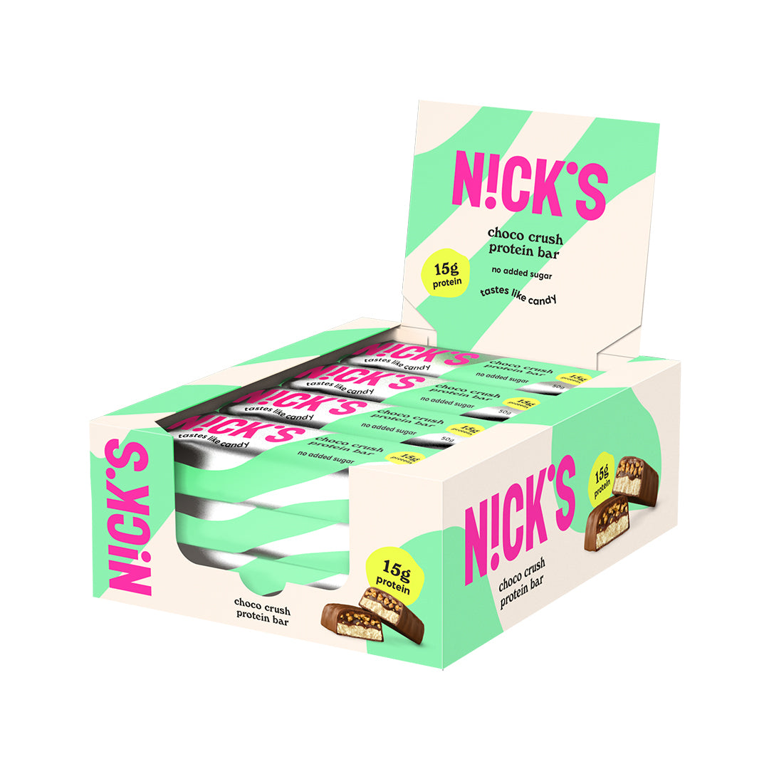 12 x NICKS Soft bar 50 g Choco Crush SUPER DEAL i en vit och ljusgrön kartong med rosa detaljer., bild 1 av 1