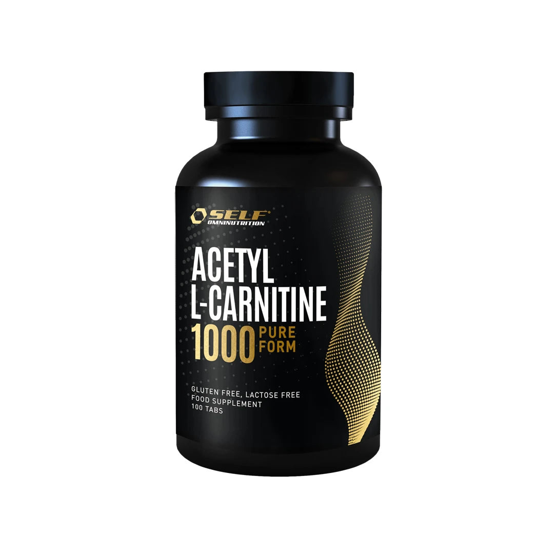 Self Omninutrition Acetyl L-Carnitine 1000 100 tabs kosttillskott i en svart burk med guldiga och vita detaljer., bild 1 av 1