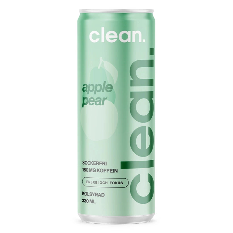 Clean Drink 330 ml energidryck i en ljusgrön burk med smaken Päron Äpple., bild 1 av 4