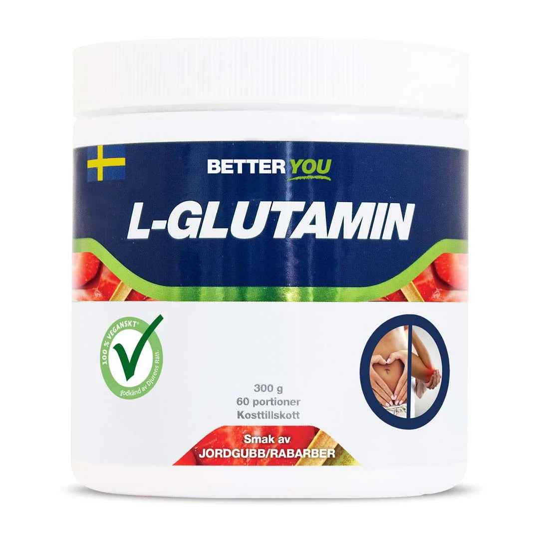 Better You Naturligt Glutamine 300 g aminosyror i en vit burk med blå och grön etikett och smak av jordgubb/rabarber., bild 1 av 1