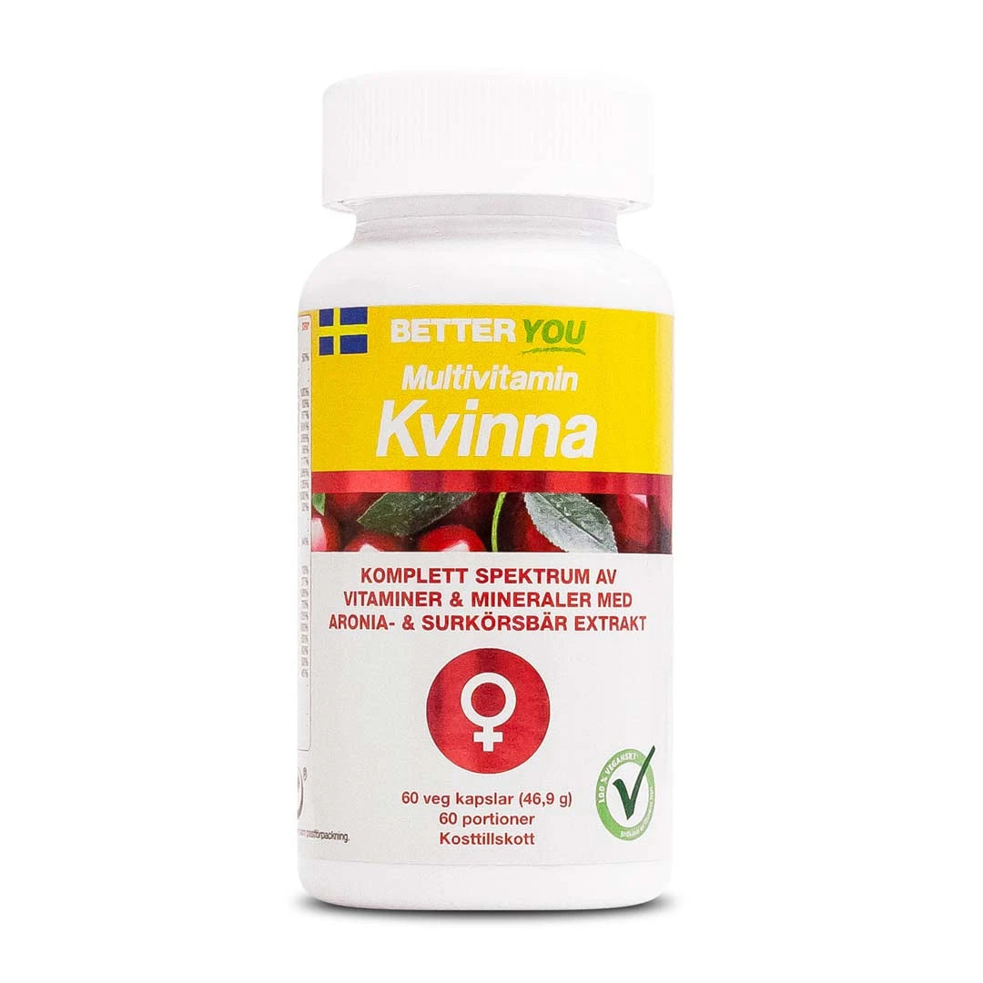 Better You Multivitamin Kvinna 60 caps, veganska vitaminer i en vit plastburk med gul och röd etikett., bild 1 av 1