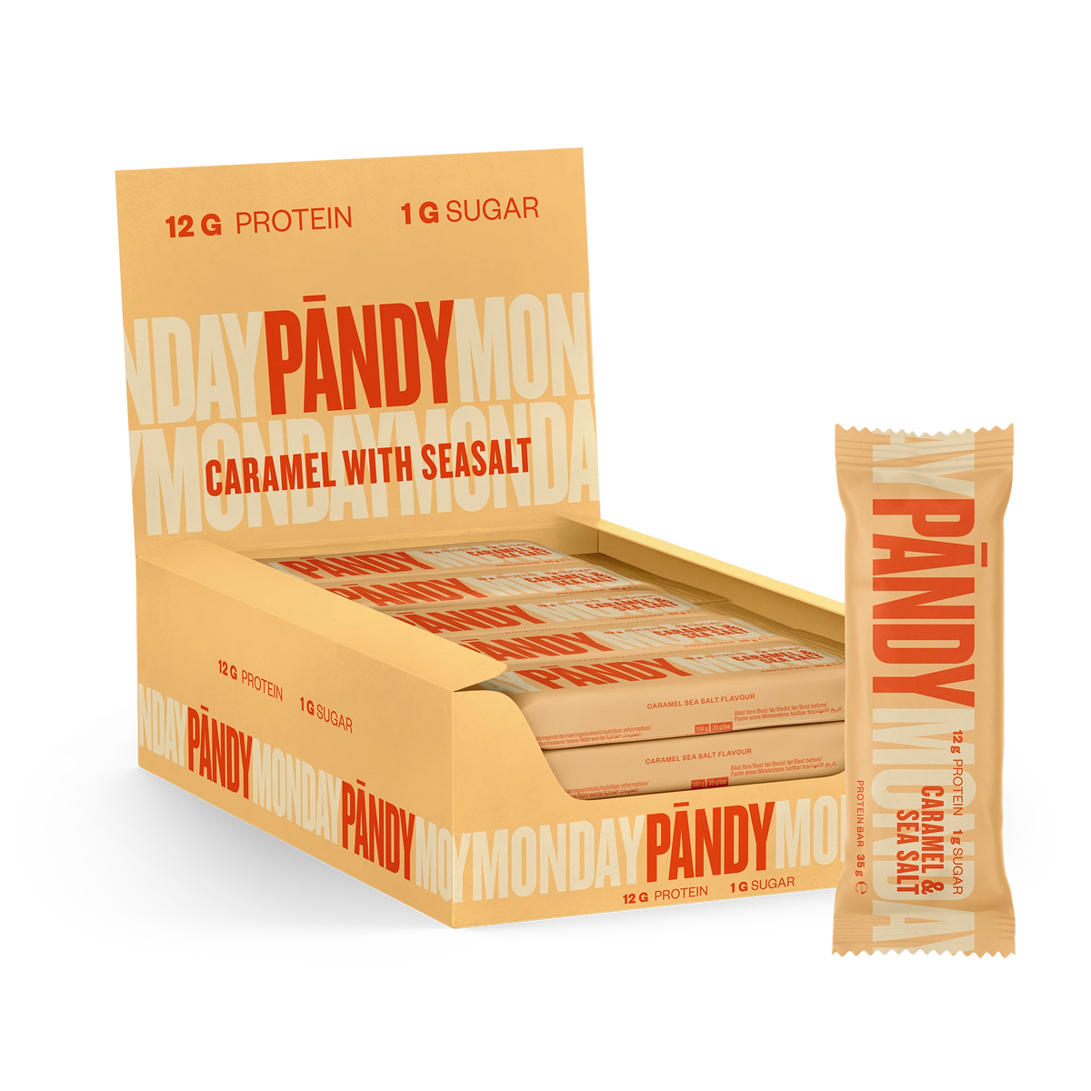 18 x Pändy Protein Bar 35 g Nougat with Hazelnut i en brun låda med en matchande proteinbar framför.
