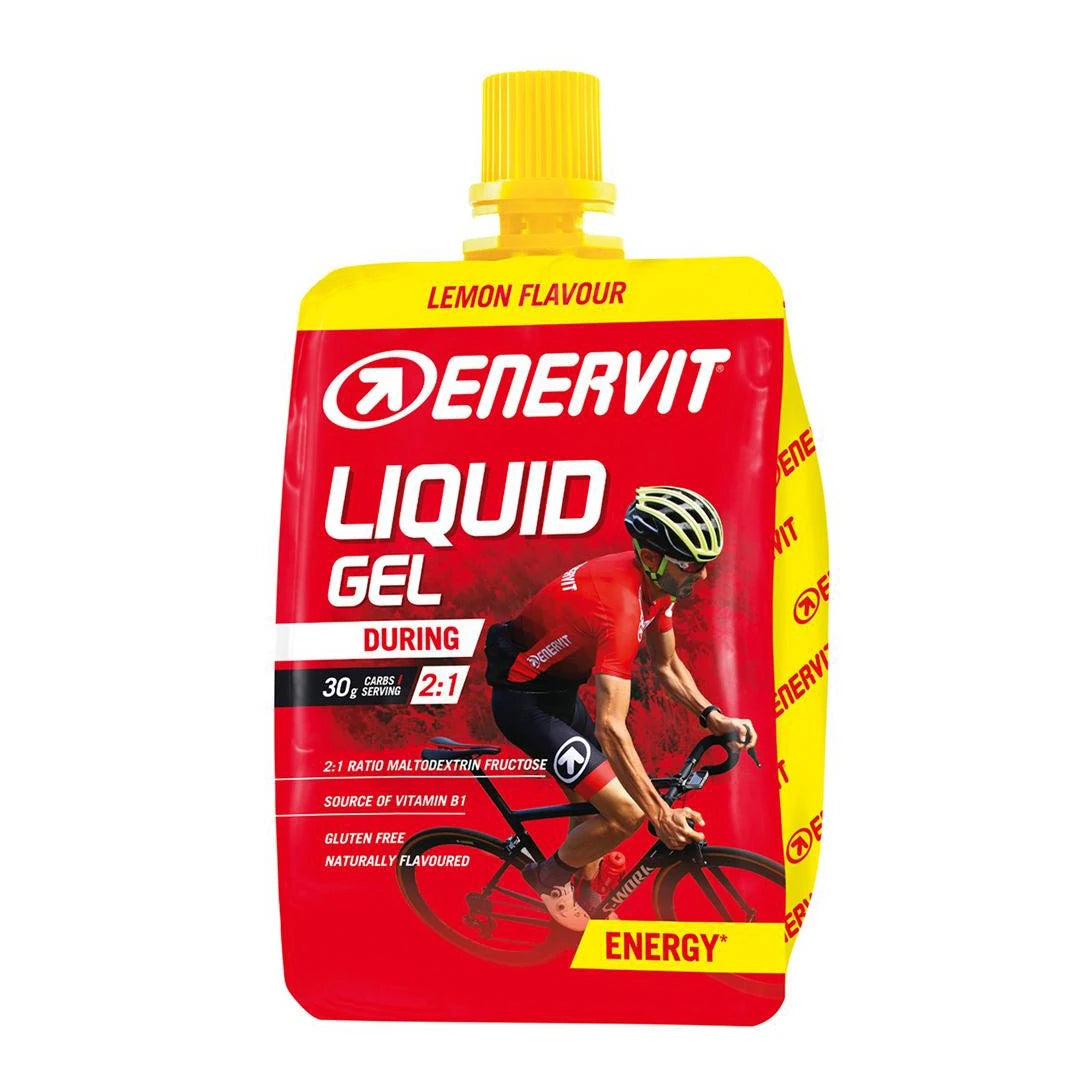 Enervit Liquid Gel 60 ml, en energigel i en röd och gul påse med smak av Lemon Flavour och motiv av en cyklist., bild 1 av 1