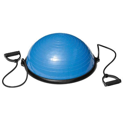 Virtufit Balance Trainer, en blå delad balansboll i PVC med svart stabil basplatta och två svarta träningsband., bild 1 av 1