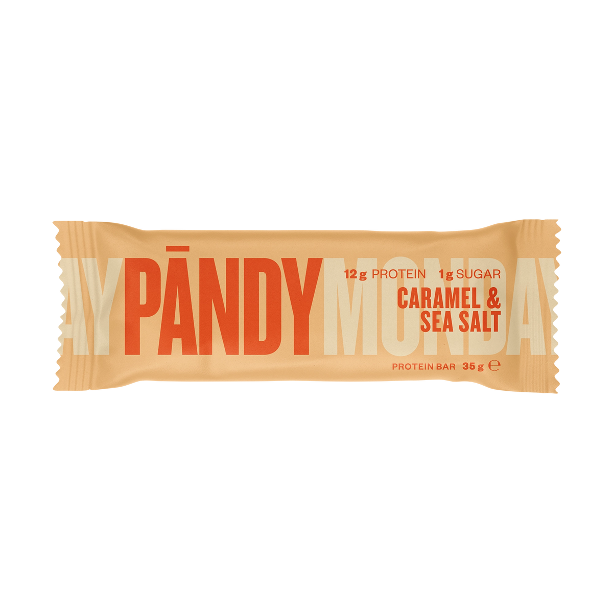 Pändy Protein Bar 35 g i en beige förpackning med orange text för smaken Caramel &amp; Sea Salt., bild 1 av 1