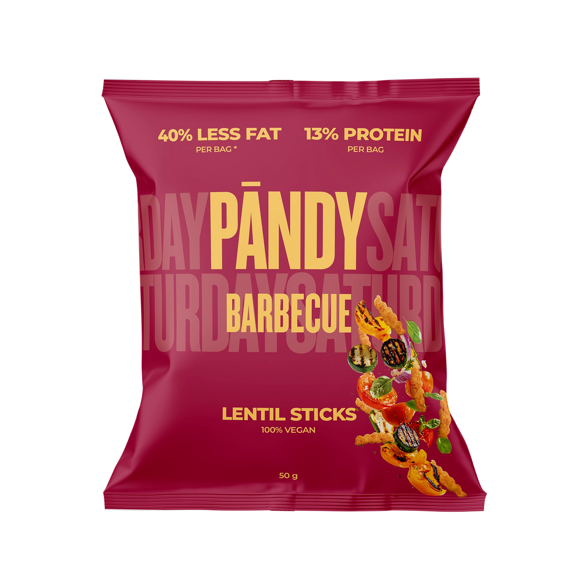 Pändy Lentil Sticks Barbecue 50 g i en mörkröd påse med illustration av linschips och grillade grönsaker., bild 1 av 1