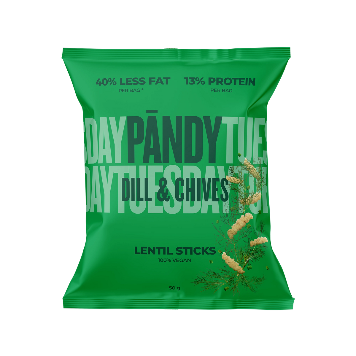 Pändy Lentil Sticks 50 g linschips i en grön påse för smaken Dill &amp; Chives., bild 1 av 1