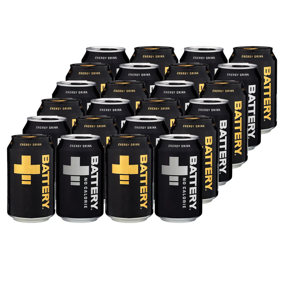 24 x Battery Energy Drink 330 ml Mixflak med svarta burkar med guldiga och silvriga detaljer för olika varianter., bild 1 av 1