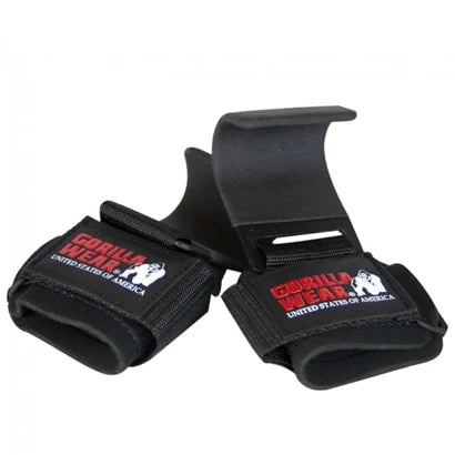 Gorilla Wear Weight Lifting Hooks Black är ett par svarta dragkrokar i stål och nylon med vadderad handledsrem., bild 1 av 1