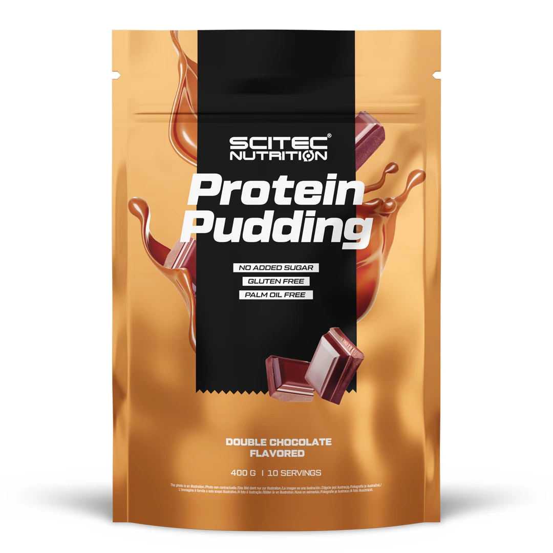 Scitec Nutrition Protein Pudding 400 g i en brun påse med chokladmotiv för smaken Double Chocolate., bild 1 av 1