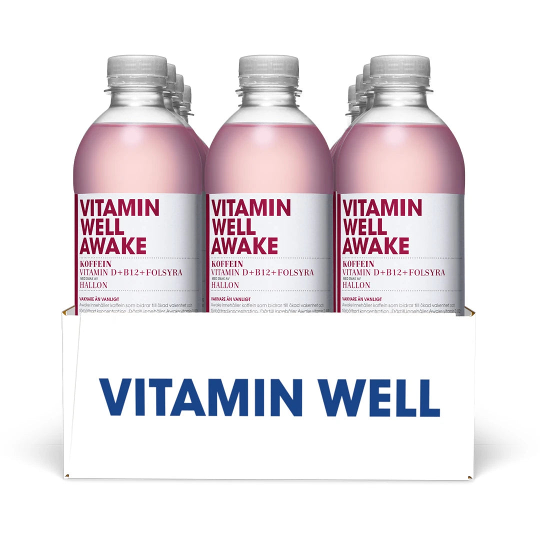 12 x Vitamin Well 500 ml Awake Hallon i ett vitt flak med genomskinliga flaskor, rosa dryck och vita etiketter., bild 1 av 1