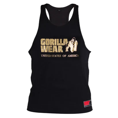 Gorilla Wear Classic Tank Top Black/Gold är ett svart brottarlinne i bomull med guldfärgad logotyp på bröstet., bild 3 av 4