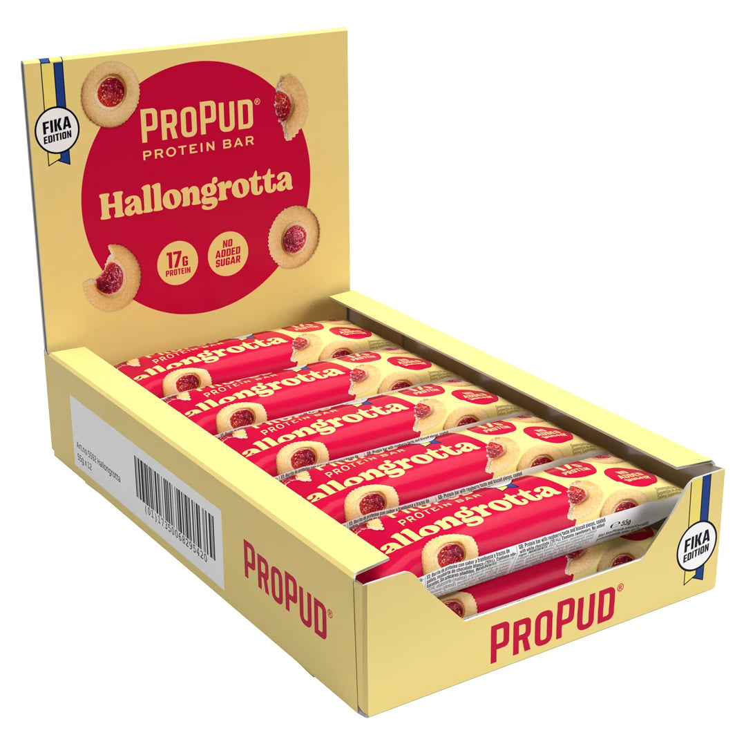 12 x NJIE Propud Proteinbar 55 g i en gul låda med röda detaljer för smaken Hallongrotta., bild 1 av 1