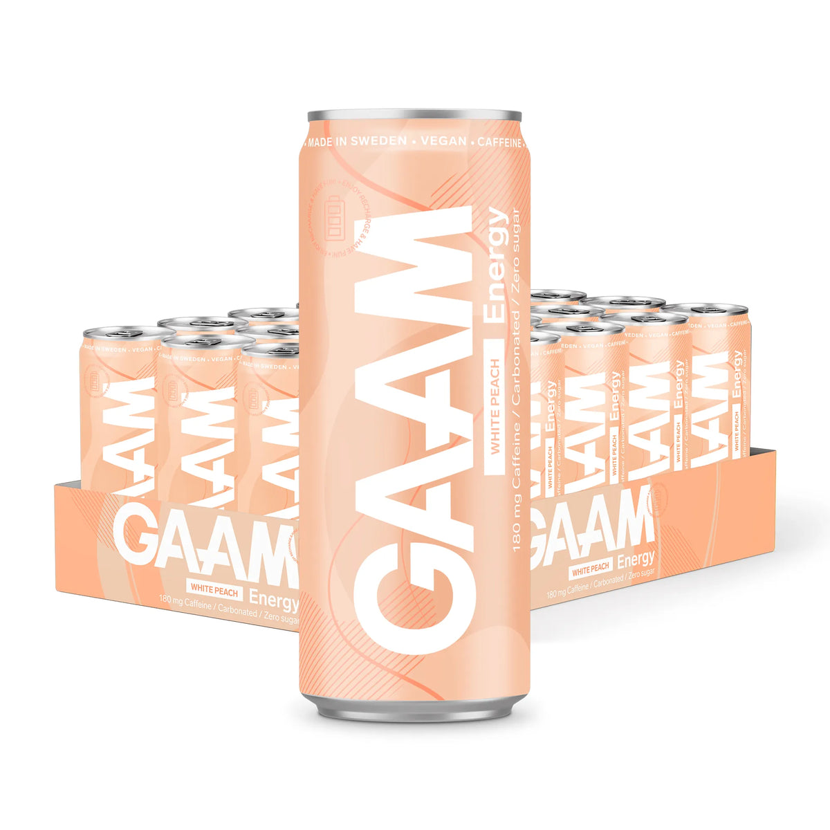 24 x GAAM Energy 330 ml White Peach i ett flak med ljusorangea burkar och vit text., bild 1 av 1