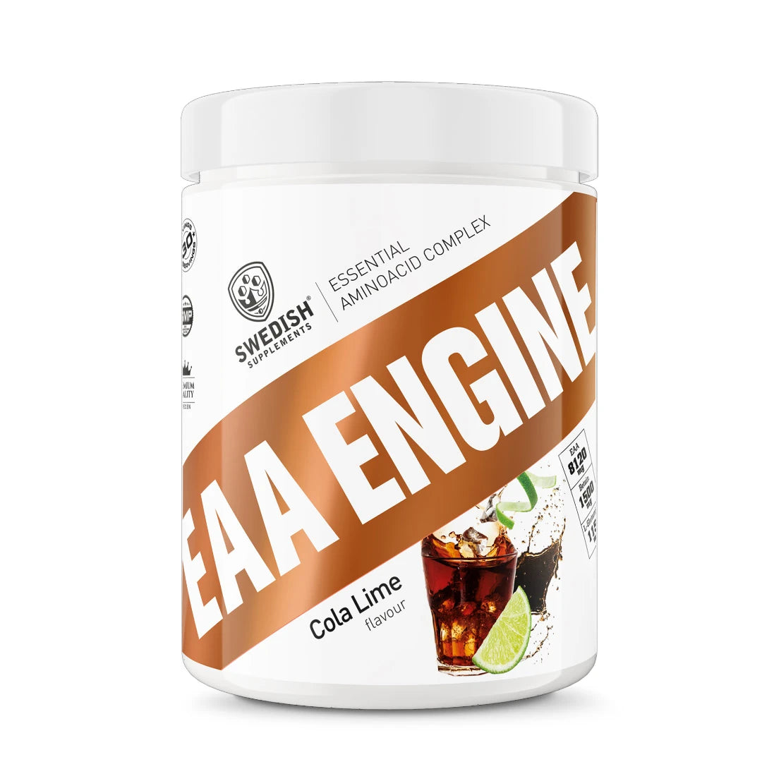 Swedish Supplements EAA Engine 450 g EAA-pulver i en vit burk med bruna detaljer för smaken Cola Lime., bild 1 av 1