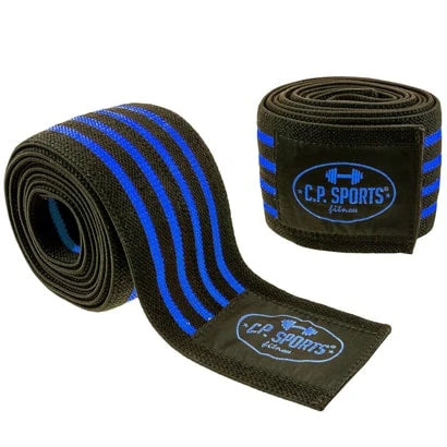 C.P. Sports Knee Wraps 2m, svarta knälindor med blå ränder i polyester och gummi för tunga benpass., bild 1 av 1