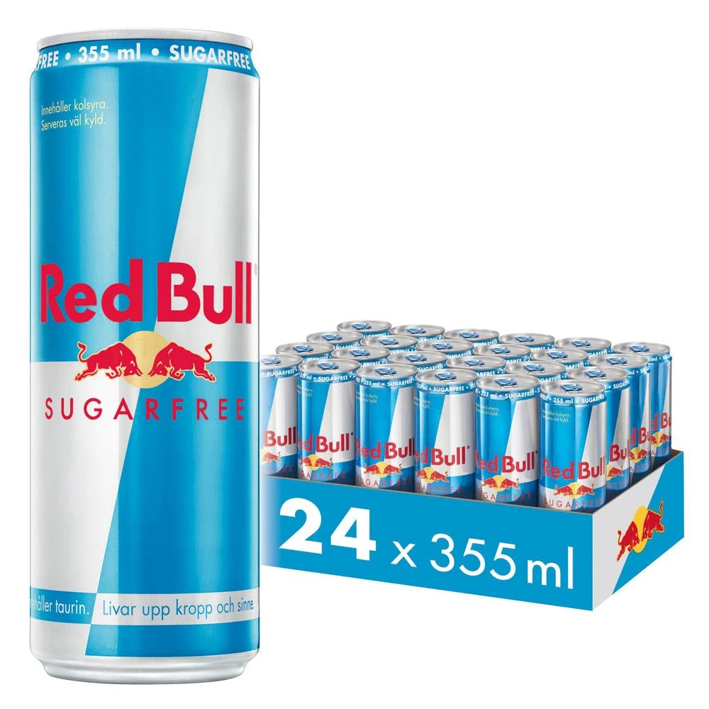 24 x Red Bull Energidryck Sockerfri 355 ml Original Sugarfree i ljusblå och silvriga burkar i ett matchande blått flak., bild 1 av 1