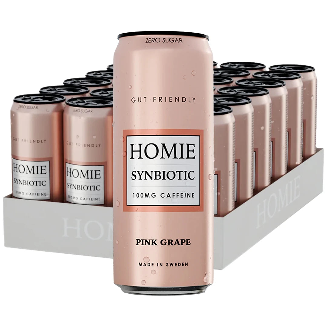 24 x Homie Wake Up Synbiotic 330 ml Pink Grapefruit i ett vitt flak med ljusrosa burkar., bild 1 av 1