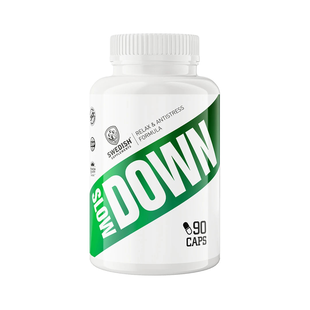 Swedish Supplements Slow Down 90 caps i en vit burk med tydlig grön text på etiketten., bild 1 av 1