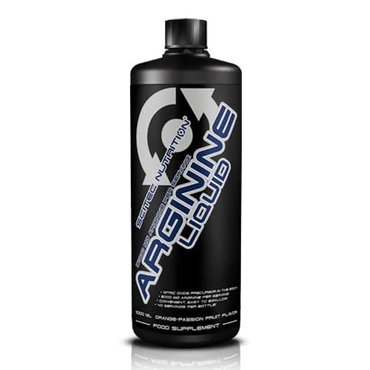 Scitec Nutrition Liquid Arginine 1000 ml flytande aminosyror i en svart flaska med silver och blå detaljer., bild 1 av 1