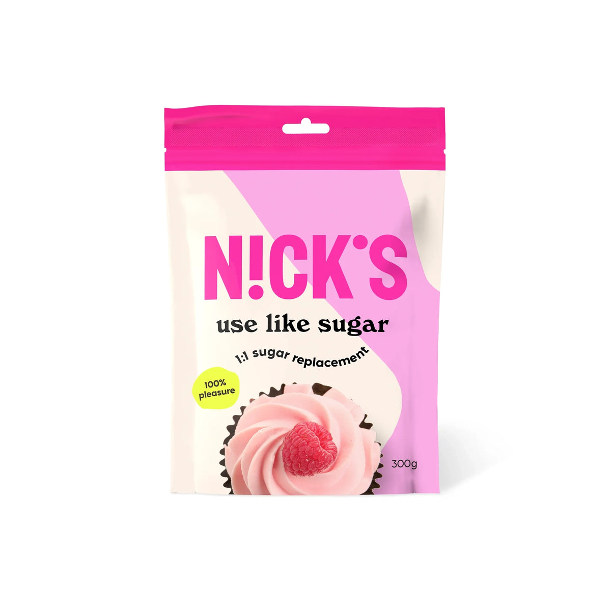 Nicks Use Like Sugar 300 g Sockerersättning i en vit och rosa påse med motiv av en cupcake.