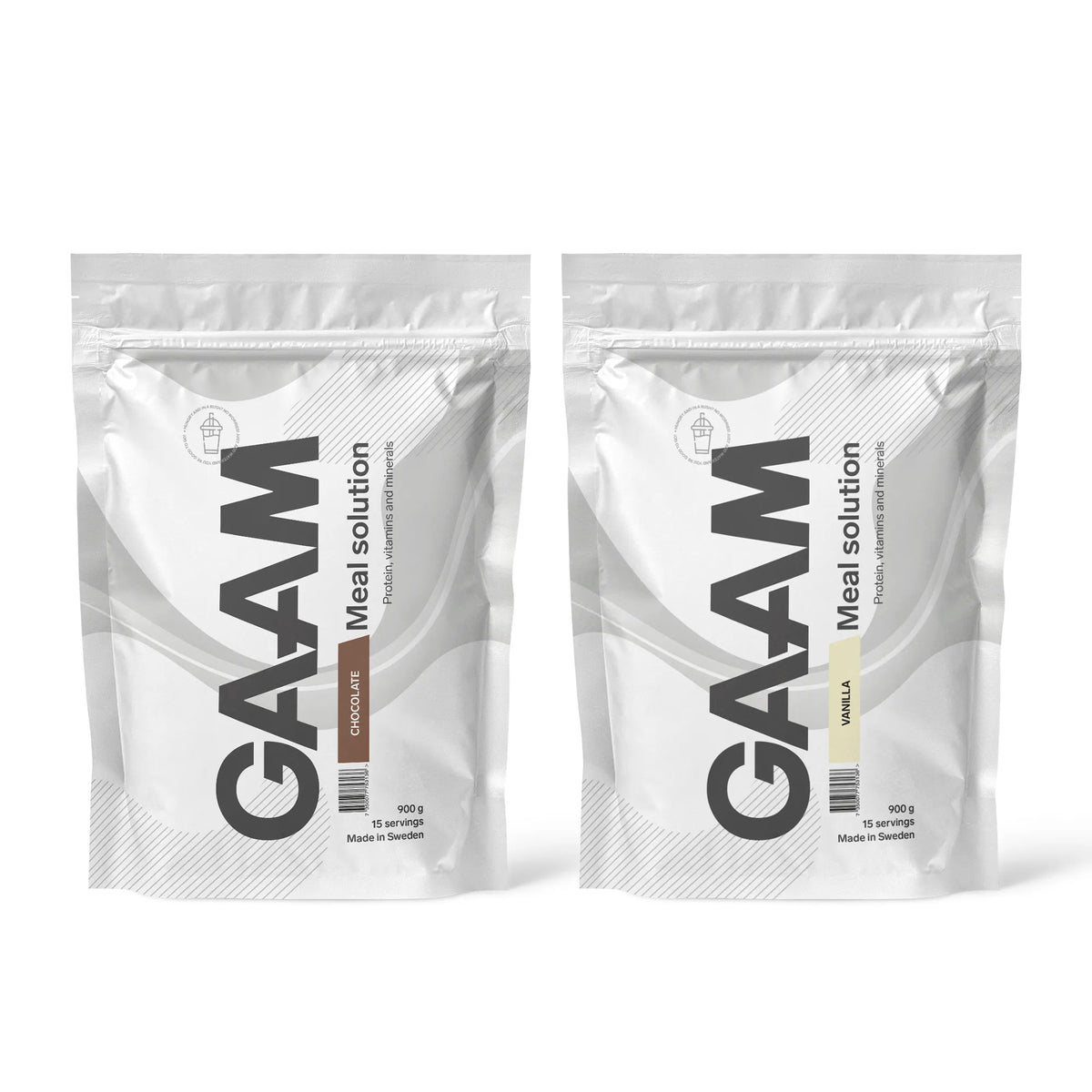 2 x GAAM Meal Solution 900 g Måltidsersättning bestående av två vita påsar i smakerna Chocolate och Vanilla., bild 1 av 1