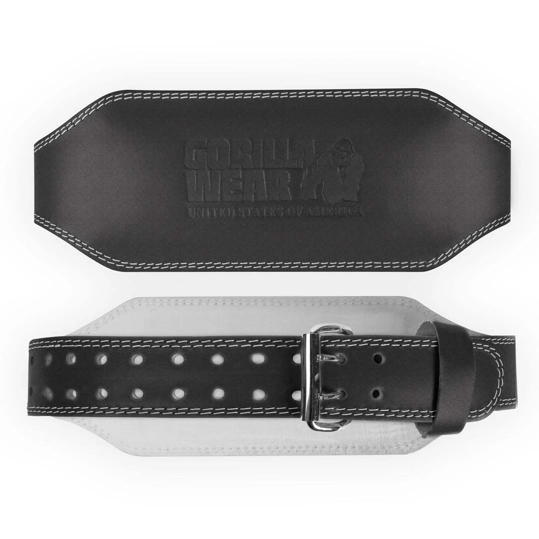 Gorilla Wear 6 Inch Padded Leather Belt Black, ett svart träningsbälte i läder med vit söm och dubbelknäppning., bild 1 av 4