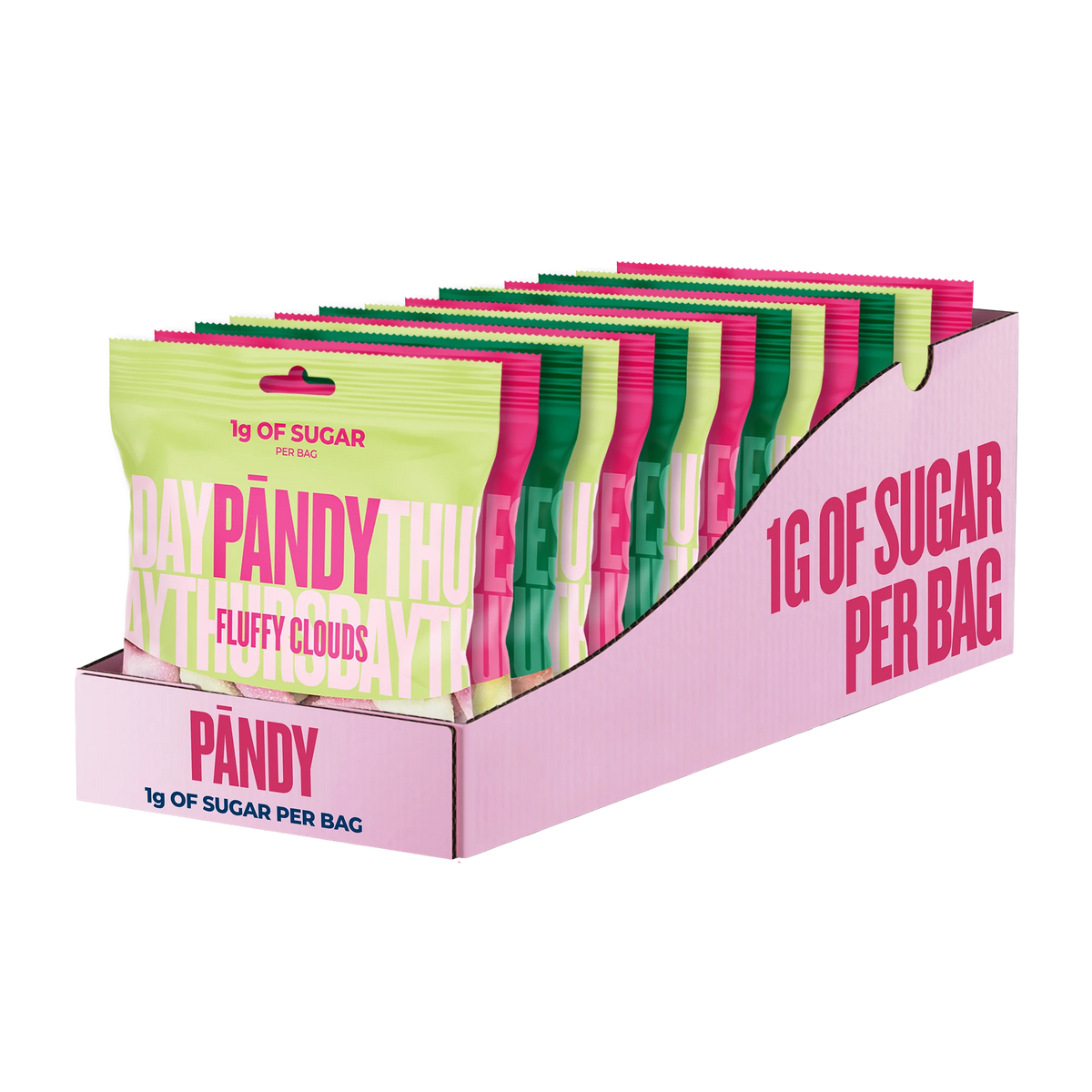 14 x Pändy Candy 50 g Mixlåda i en ljusrosa displaykartong fylld med färgglada godispåsar., bild 1 av 1