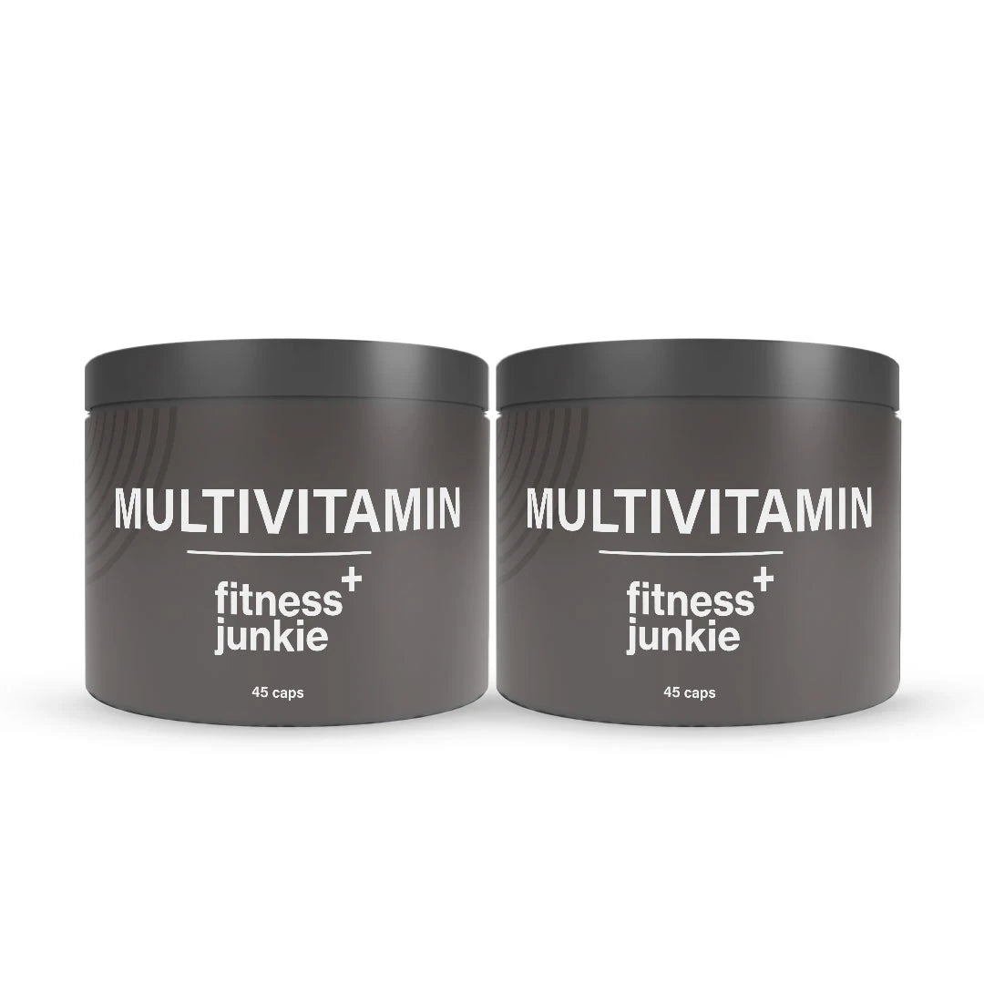 2 x fitnessjunkie Multivitamin 45 caps i två mörkgrå burkar med vit text., bild 1 av 1