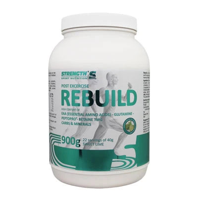 Strength Sport Nutrition Post Workout Rebuild 900 g, vit burk med turkosa detaljer och text för smaken Sweet Lime., bild 1 av 1