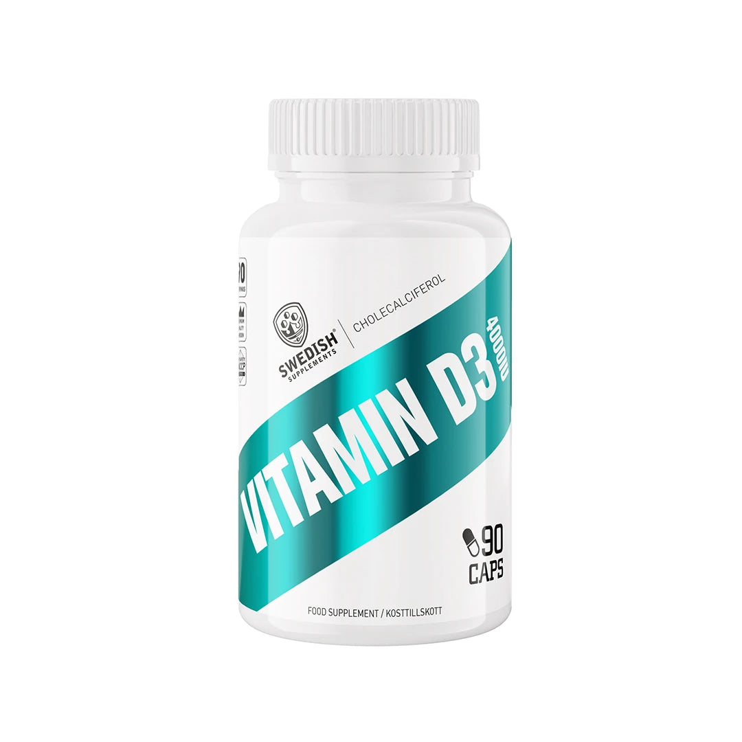 Swedish Supplements Vitamin D3 90 caps förpackad i en vit burk med turkosa detaljer., bild 1 av 1