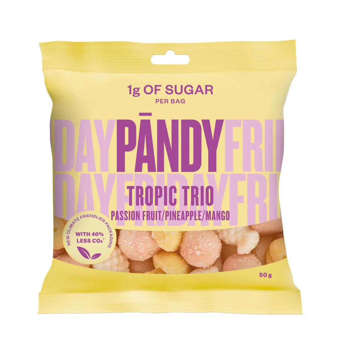 Pändy Candy 50 g Tropic Trio gelégodis förpackat i en gul påse med lila text., bild 1 av 1